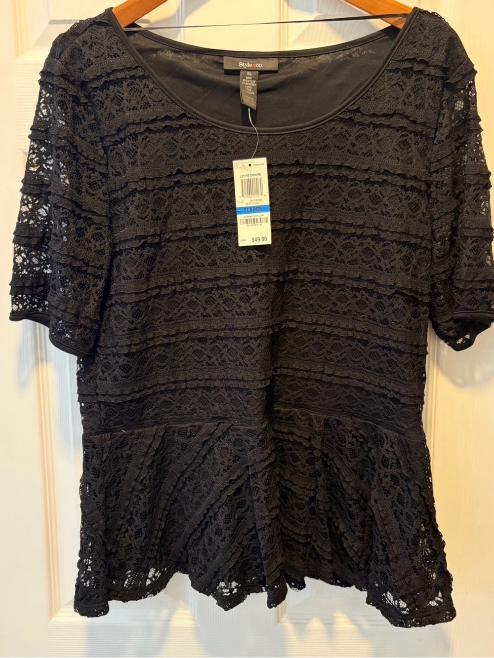 Style & Co. Black Lace Peplum Short Sleeve Top